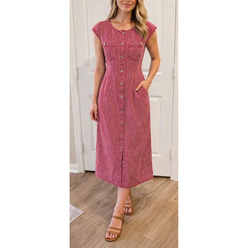 Isabella Bird Striped Button Front Midi Dress Red White Size 4P